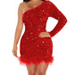 One Shoulder Feather Detail Party Sequin Dress