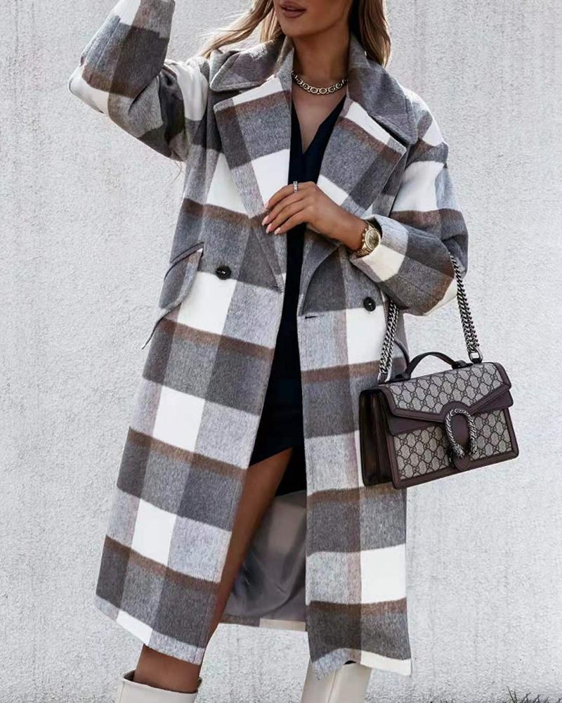 Plaid Print Long Sleeve Buttoned Casual Coat