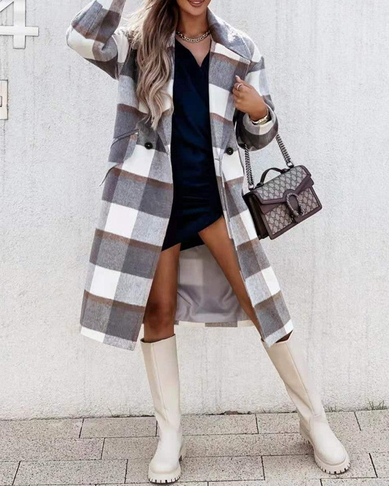 Plaid Print Long Sleeve Buttoned Casual Coat