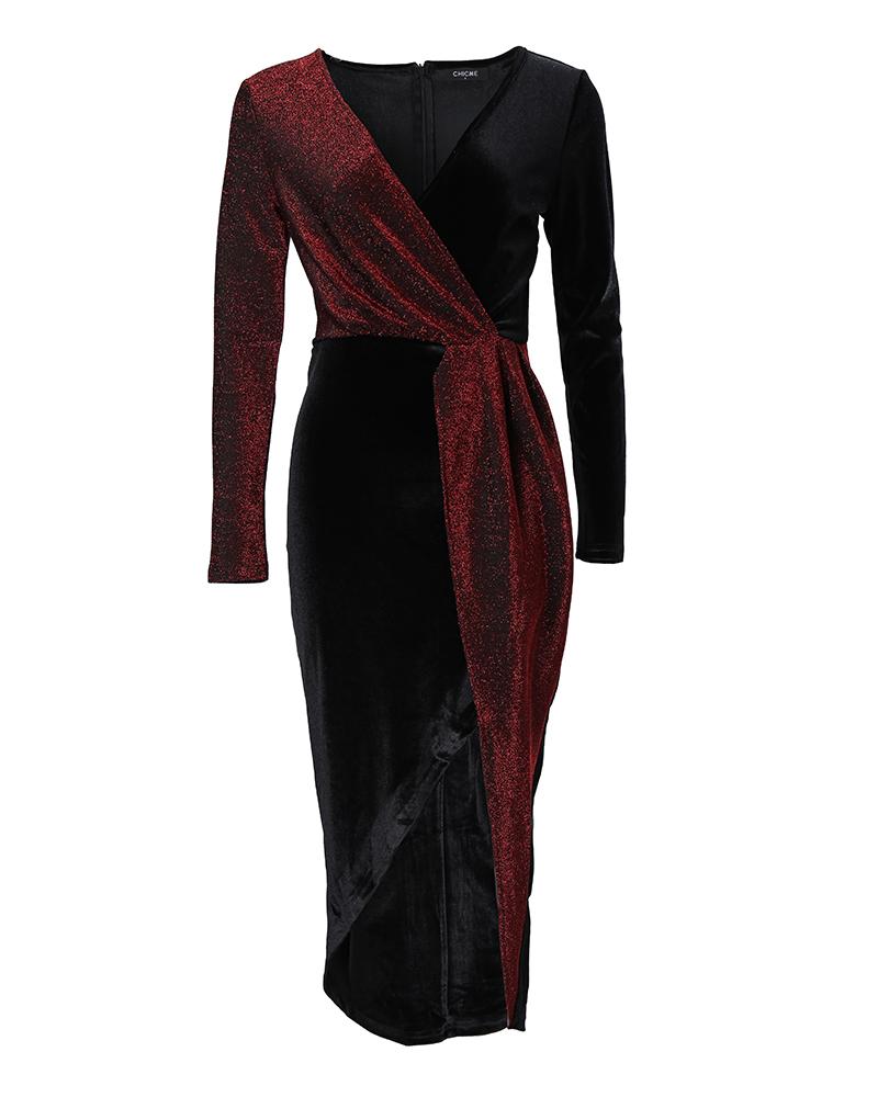 Colorblock Glitter High Slit Party Dress