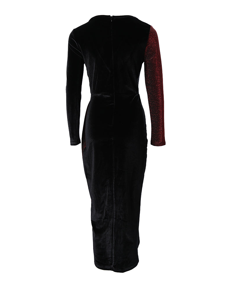 Colorblock Glitter High Slit Party Dress