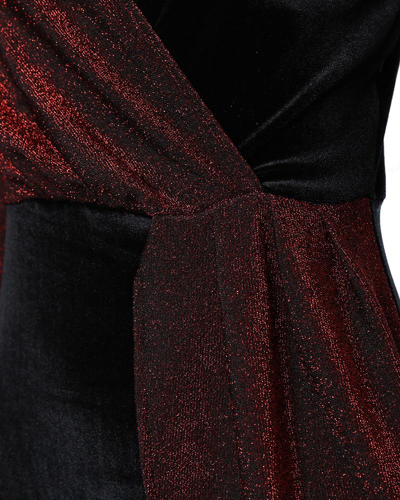 Colorblock Glitter High Slit Party Dress