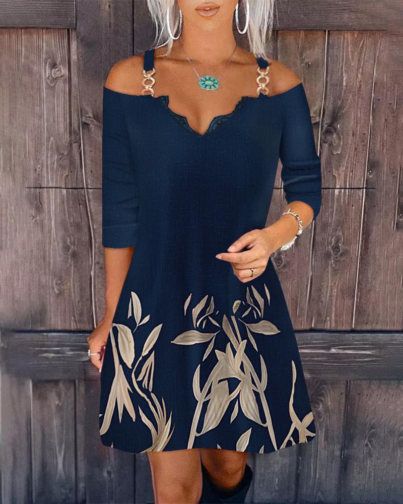 Plants Print Cold Shoulder Casual Dress
