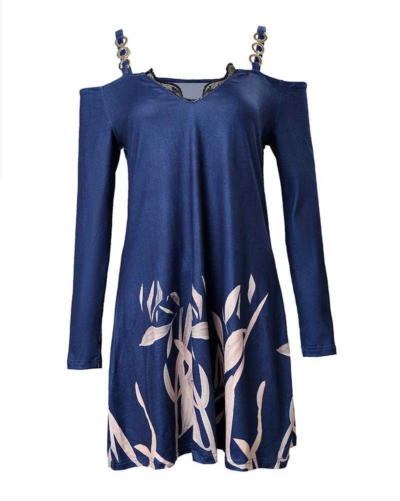 Plants Print Cold Shoulder Casual Dress