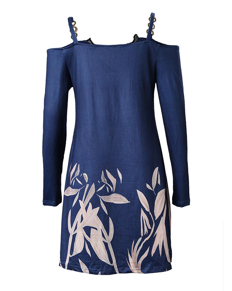 Plants Print Cold Shoulder Casual Dress