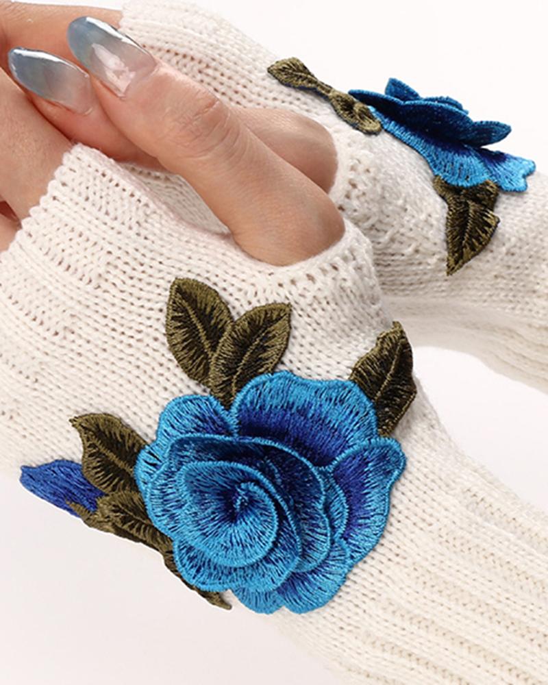 1Pair Floral Embroidery Fingerless Winter Knit Warm Gloves