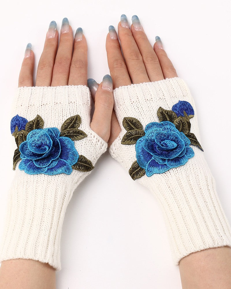 1Pair Floral Embroidery Fingerless Winter Knit Warm Gloves