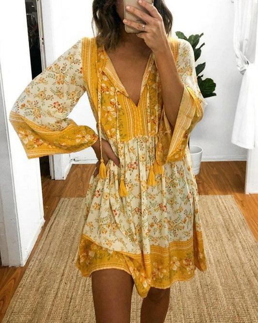 Floral Print Bell Sleeve Casual Dress