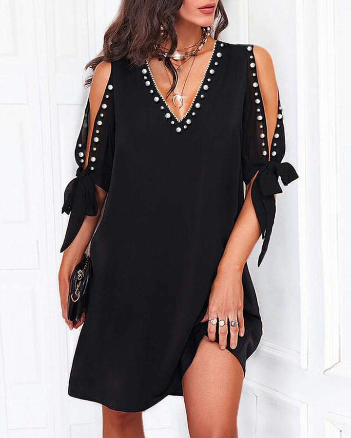 Beaded Decor Cold Shoulder Casual Dress