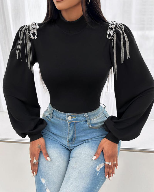 Tassel Design Chain Decor Lantern Sleeve Top