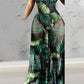 Tropical Print Bodysuit Insert Sheer Mesh Pleated Maxi Dress