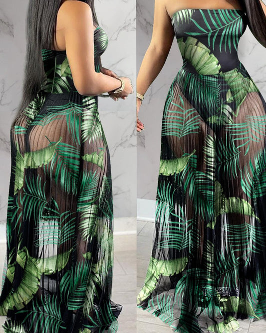 Tropical Print Bodysuit Insert Sheer Mesh Pleated Maxi Dress