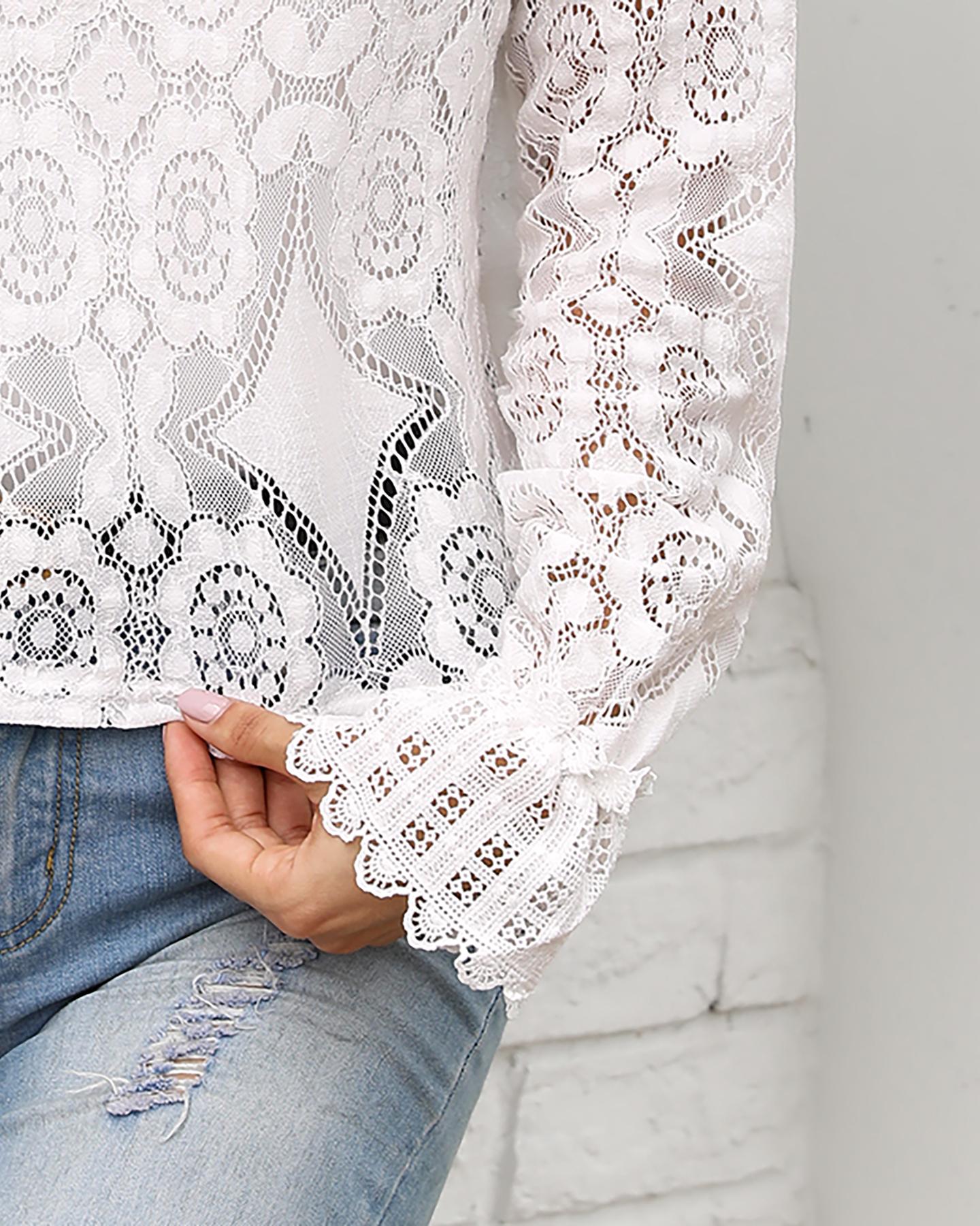 Long Sleeve Hollow Out Lace Casual Top