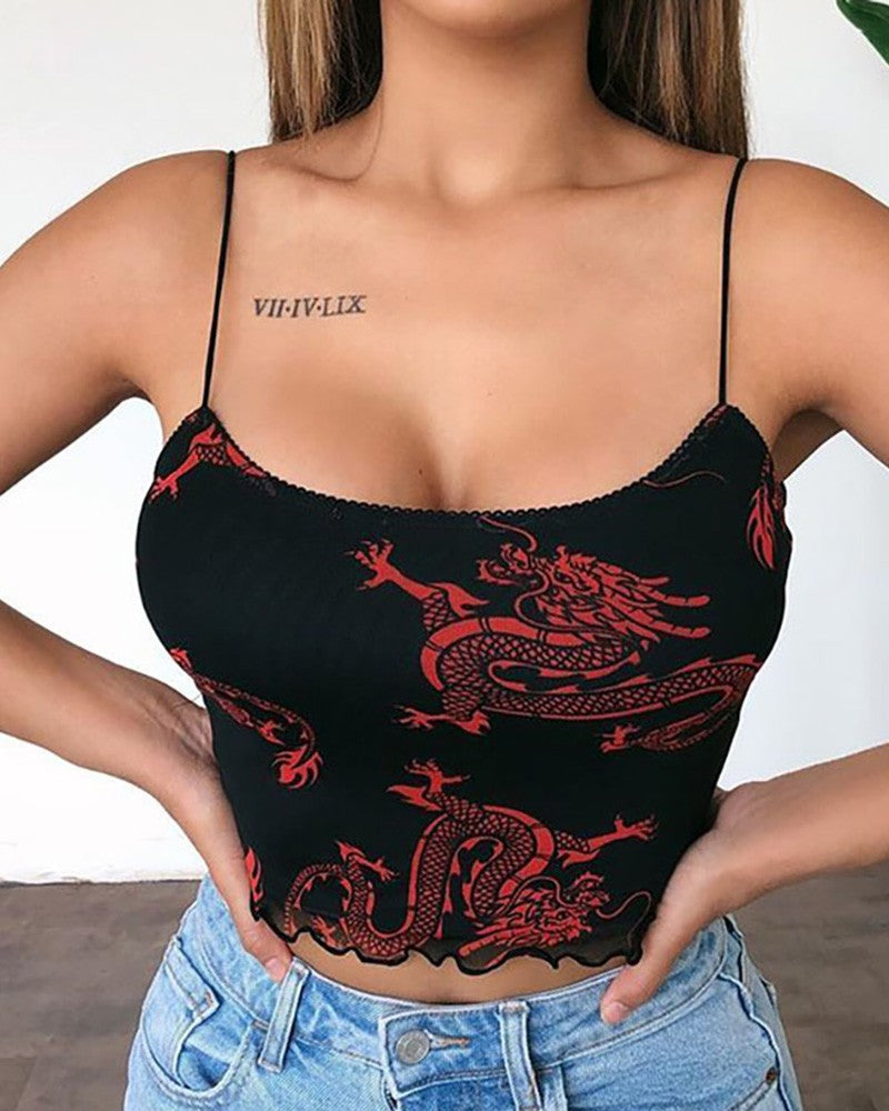 Dragon Print Lettuce Trim Casual Cami Top