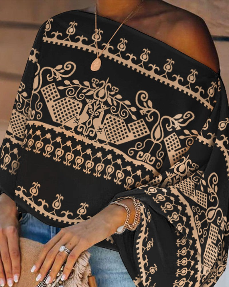 Tribal Print Lantern Sleeve Top