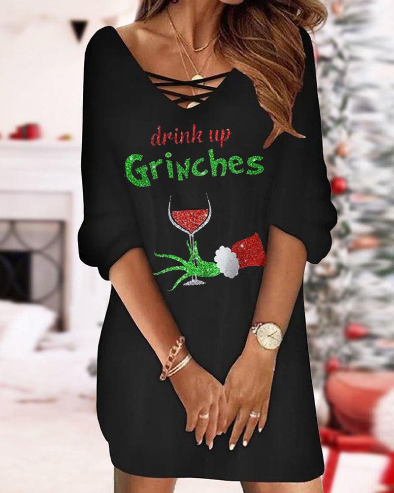 Christmas Graphic Wine Glass Print Casual Dress