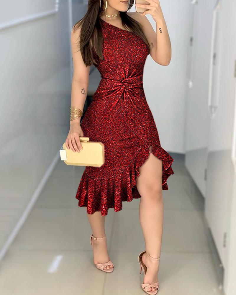 Glitter One Shoulder Twisted Ruffles Party Dress