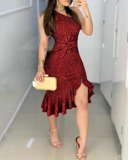 Glitter One Shoulder Twisted Ruffles Party Dress