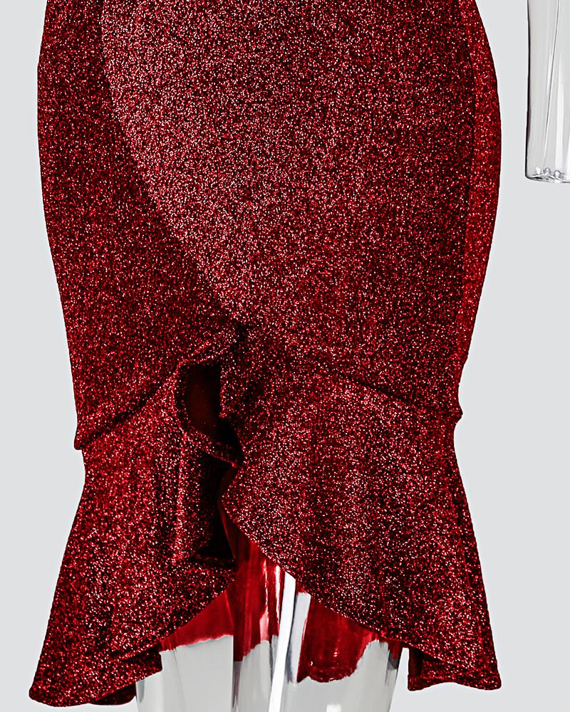 Glitter One Shoulder Twisted Ruffles Party Dress