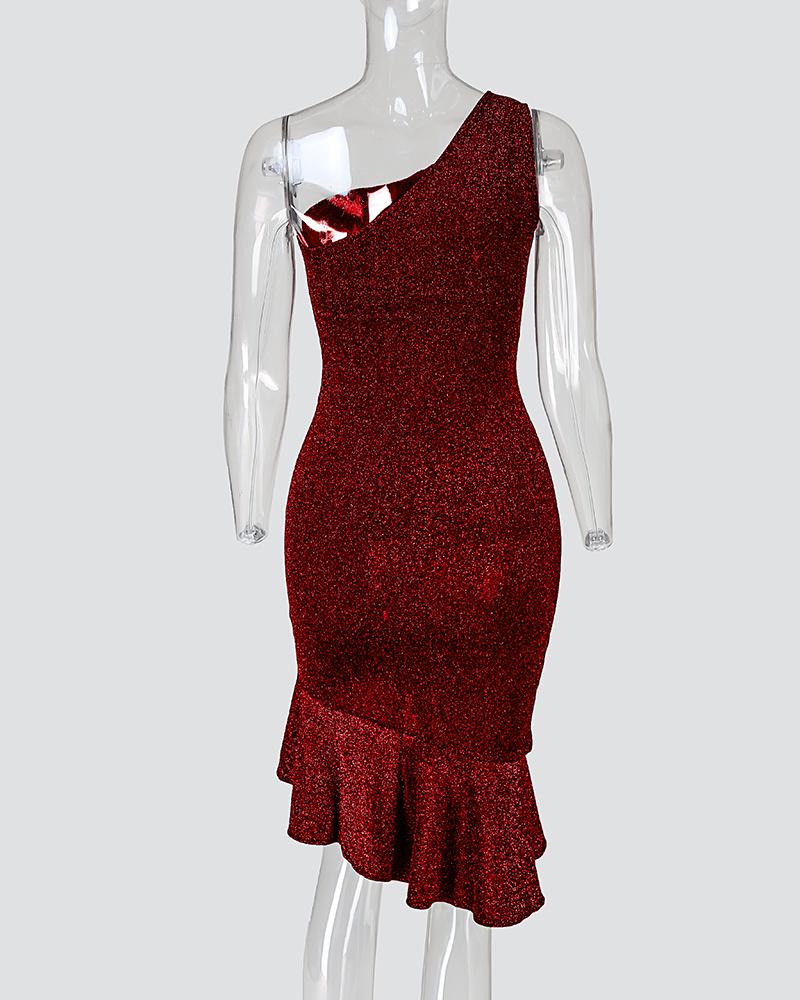 Glitter One Shoulder Twisted Ruffles Party Dress