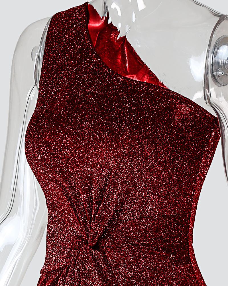 Glitter One Shoulder Twisted Ruffles Party Dress