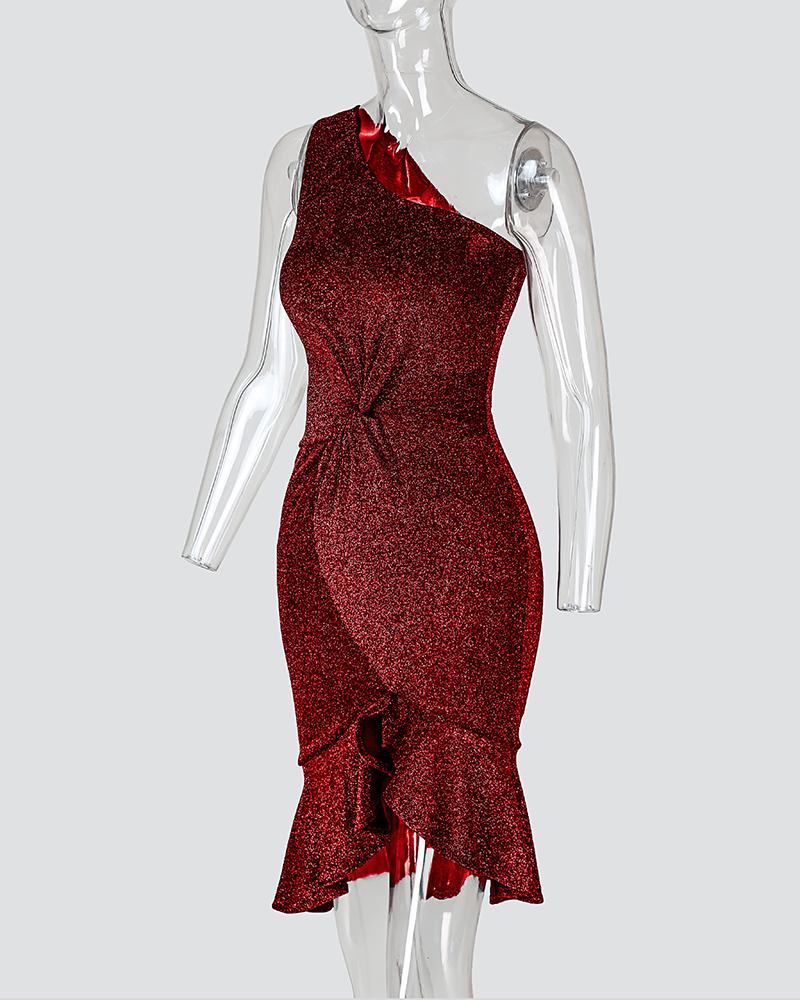 Glitter One Shoulder Twisted Ruffles Party Dress