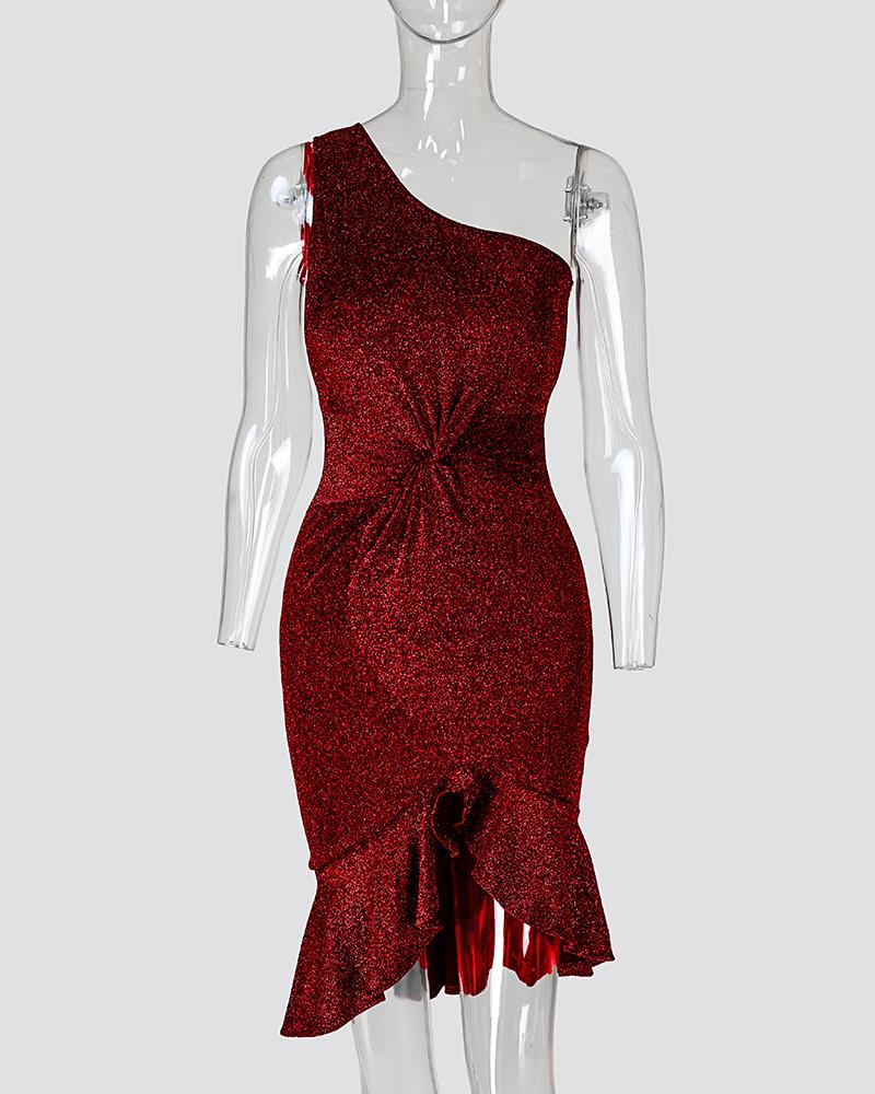 Glitter One Shoulder Twisted Ruffles Party Dress