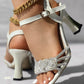 Rhinestone Decor Ankle Strap Chunky Heeled Sandals