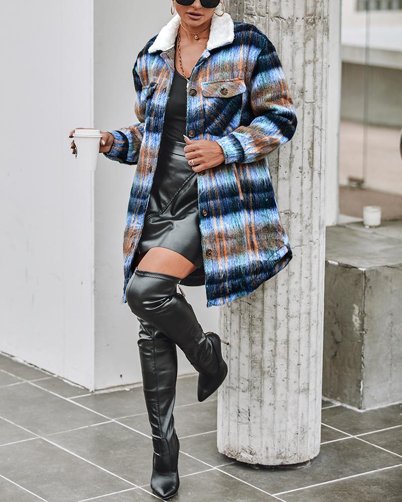 Plaid Print Ombre Buttoned Lined Longline Shacket
