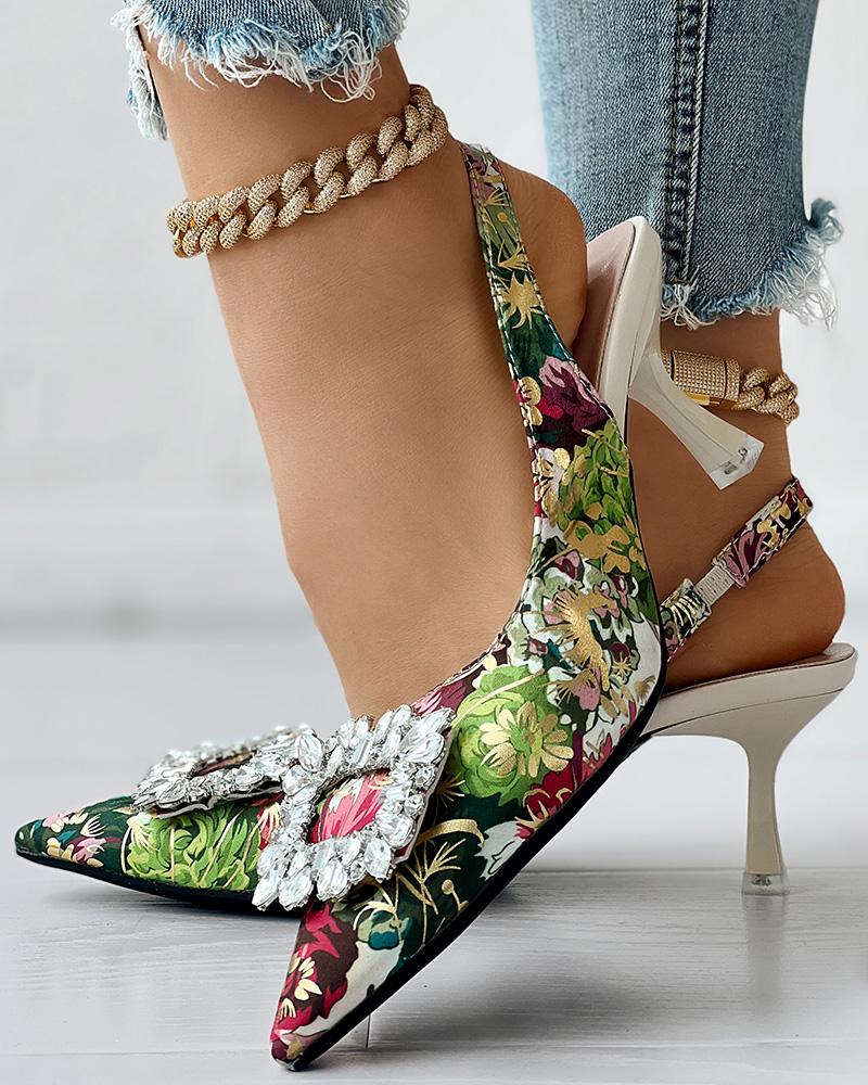 Floral Print Rhinestone Slingback Pyramid Heel Pumps