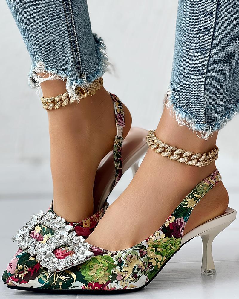 Floral Print Rhinestone Slingback Pyramid Heel Pumps