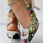 Floral Print Rhinestone Slingback Pyramid Heel Pumps