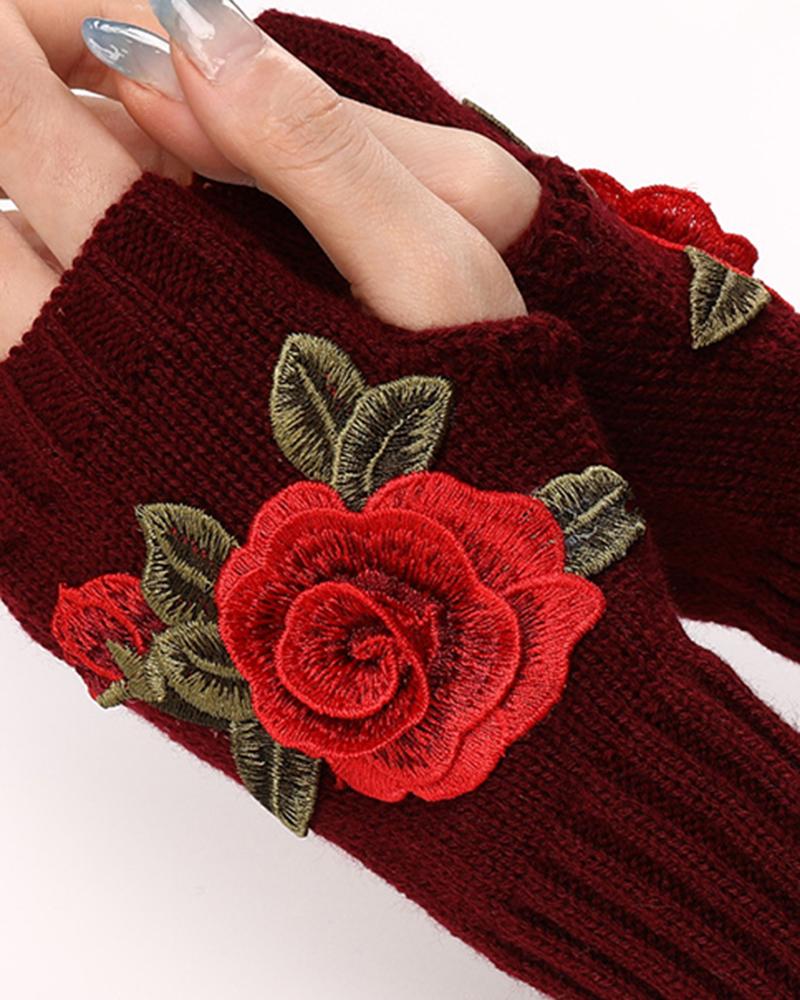 1Pair Floral Embroidery Fingerless Winter Knit Warm Gloves