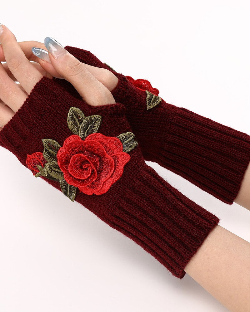 1Pair Floral Embroidery Fingerless Winter Knit Warm Gloves