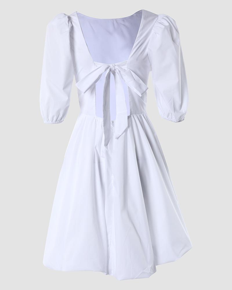 Puff Sleeve Backless Tied Detail Casual Dress