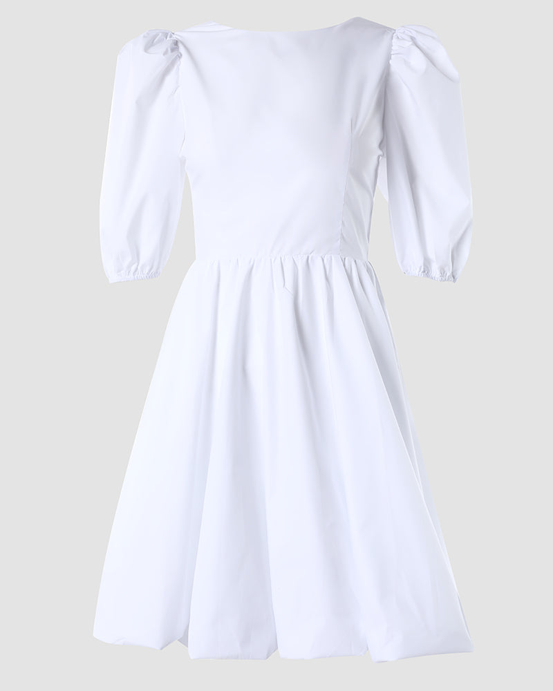 Puff Sleeve Backless Tied Detail Casual Dress