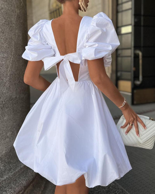 Puff Sleeve Backless Tied Detail Casual Dress
