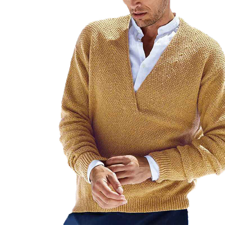     Apricot-Mens-Knit-V-Neck-Sweater-Cashmere-Wool-Long-Sleeve-Classic-Pullover-G018