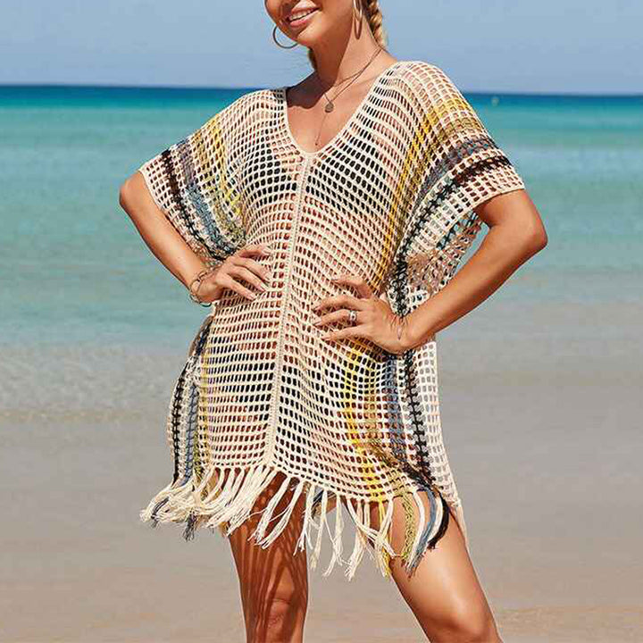 Apricot-Stripe-Womens-beach-color-matching-hollow-knitted-blouse-sunscreen-knitted-dress
