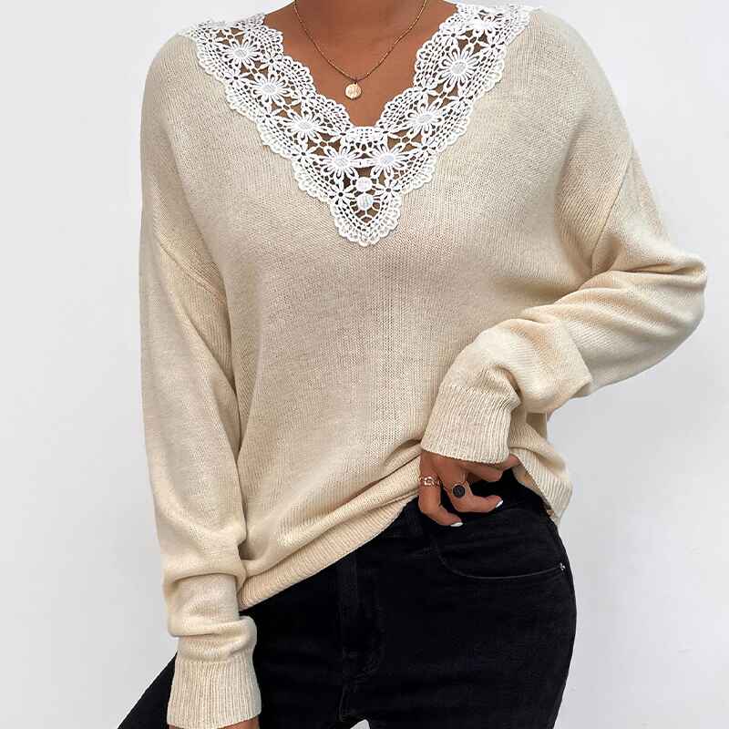 Apricot-Sweaters-for-Women-Lace-V-Neck-Long-Sleeve-Tunic-Tops-for-Leggings-Fall-Fashion-K313-Front