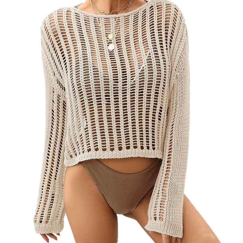     Apricot-Womens-Bathing-Suit-Cover-Ups-Long-Sleeve-Crochet-Swim-Beach-Cover-Up-Top