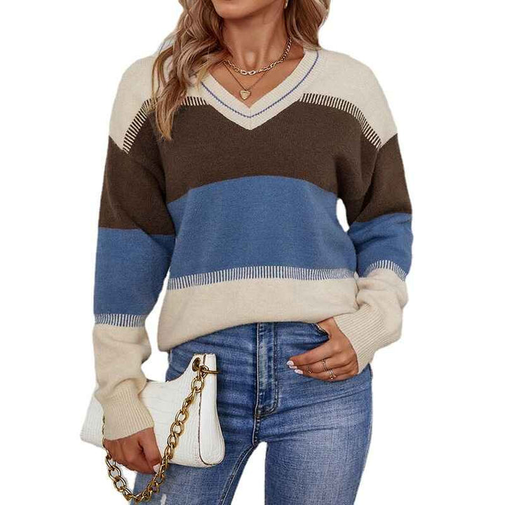 Apricot-Womens-Casual-Long-Sleeve-Knit-Sweater-V-Neck-Striped-Pullover-Jumper-Tops-K274