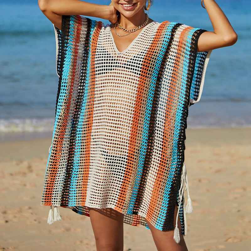Apricot-Womens-Crochet-Beach-Bikini-Cover-Up-Colorful-Strip-Tassels-V-Neck-Drop-Shoulde-Loose-Waisted-Mini-Length-Front