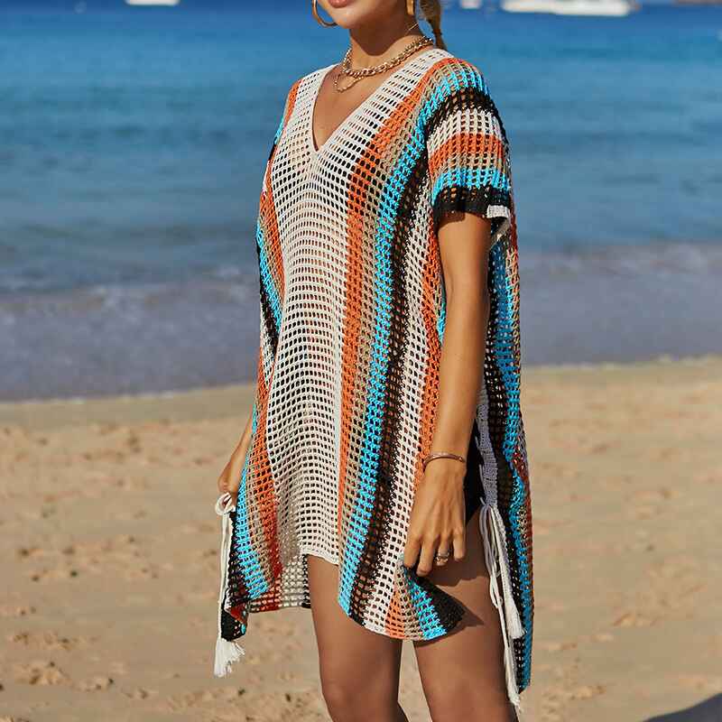 Apricot-Womens-Crochet-Beach-Bikini-Cover-Up-Colorful-Strip-Tassels-V-Neck-Drop-Shoulde-Loose-Waisted-Mini-Length-Side