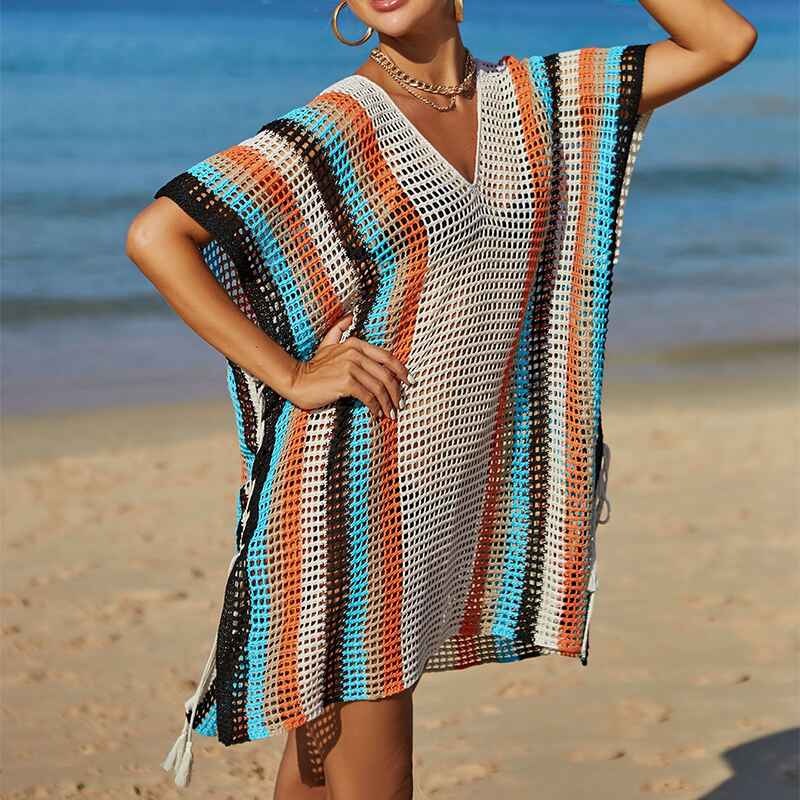 Apricot-Womens-Crochet-Beach-Bikini-Cover-Up-Colorful-Strip-Tassels-V-Neck-Drop-Shoulde-Loose-Waisted-Mini-Length