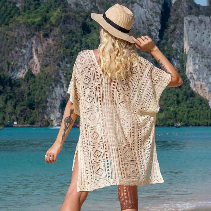     Apricot-Womens-Knitted-Cover-Up-Mini-Dress-Side-Split-Hollow-Out-Scoop-Neck-Short-Sleeve-Beach-Dresses-Back