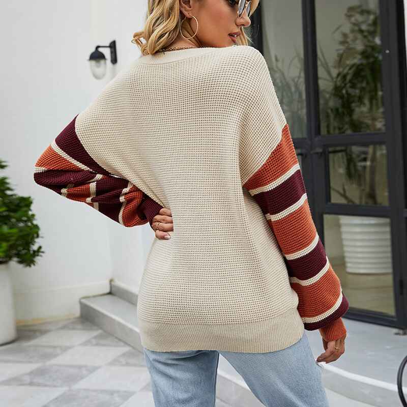 Apricot-Womens-Long-Sleeve-V-Neck-Ribbed-Button-Knit-Sweater-Color-Matching-Tops-K443-Back