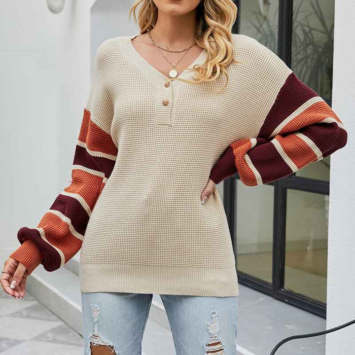 Apricot-Womens-Long-Sleeve-V-Neck-Ribbed-Button-Knit-Sweater-Color-Matching-Tops-K443-Front