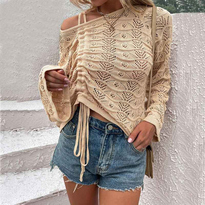Apricot-Womens-Off-Shoulder-Sweaters-Oversized-V-Neck-Shirts-Long-Sleeve-Ruched-Knit-Pullover-Tops-K216-Front