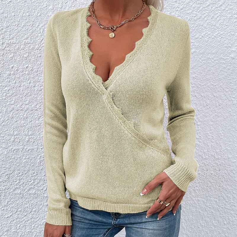 Apricot-Womens-Solid-Color-Lace-Trim-Criss-Cross-Wrap-V-Neck-Long-Sleeve-Sweater-Pullover-Top-K303